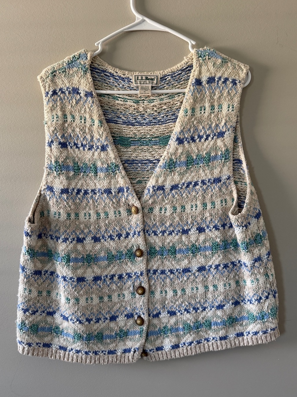 L.L. Bean Cream Sweater Vest with Blue and Teal Stripes